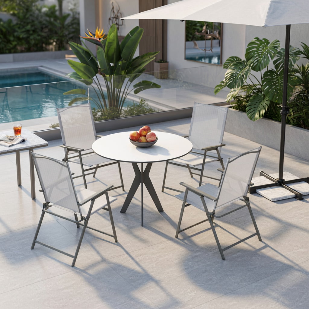 Hommoo 4-Pack Folding Patio Chairs, Rust-Resistant Metal Frame, Fabric, High-Back Comfort Design for Backyard, Deck & Camping, White