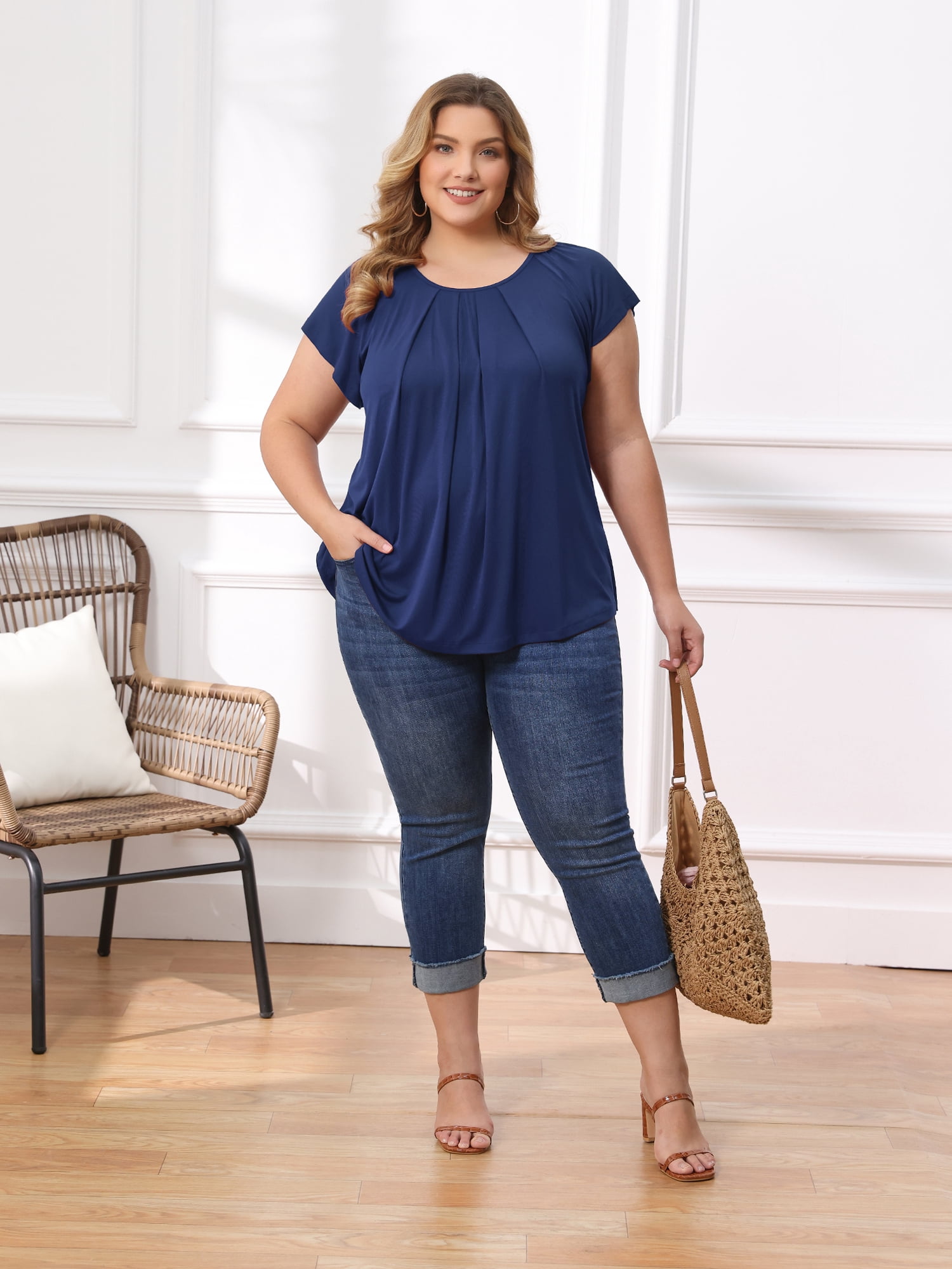DARING DIVA Women's Plus Blouse Pleated Ruffle Sleeve Round Neck Loose Tops 3X Dark Blue