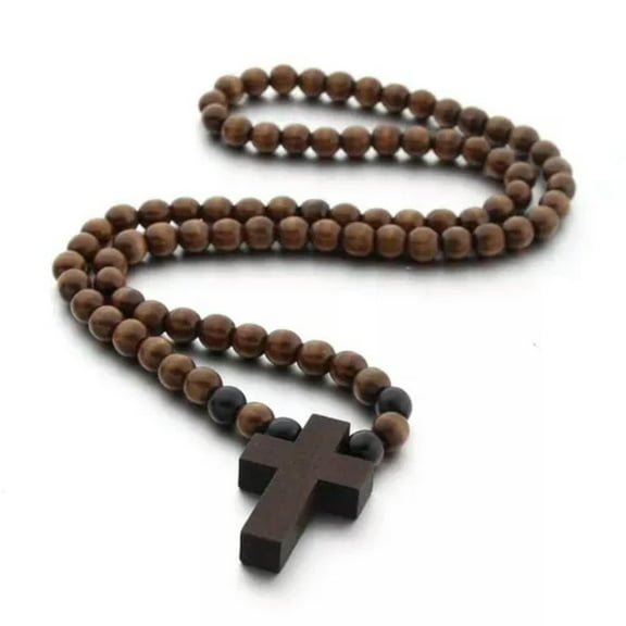 HOOUN Men's Unisex Cross Wood Pedant Necklace Christian Jewelry Wooden Ball Chain 26"-Coffee