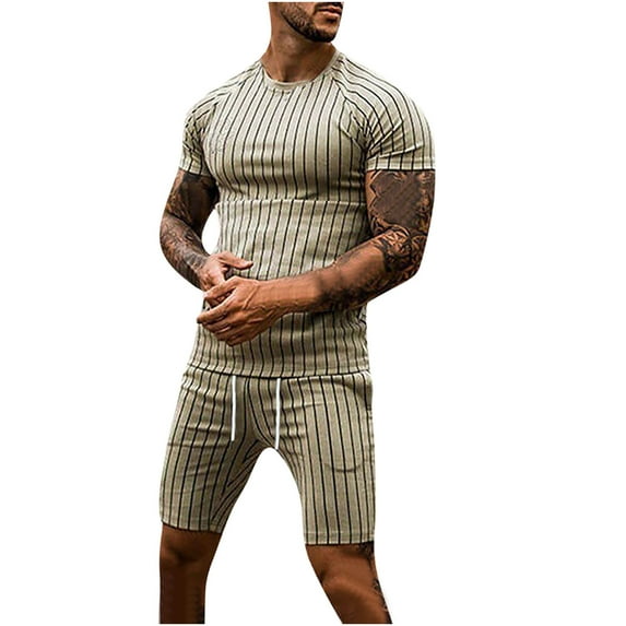 REORIAFEE Mens Hawaiian Sets Floral Beach Vacation Outfits Lounge Set Men's Striped T-Shirt Set Round Neck Short Sleeve Shorts Slim Fit Sports Holiday Set T-Shirt Top Shorts Two Piece Set Green L