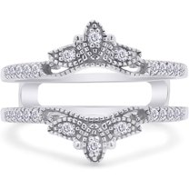 Jewelsyard Created Sparkling Round Cut White Diamond Real 925 Sterling Silver 14K White Gold Finish Filigree Vintage Moissanite Warp Guard Engagement Enhancer Ring Gift For Women