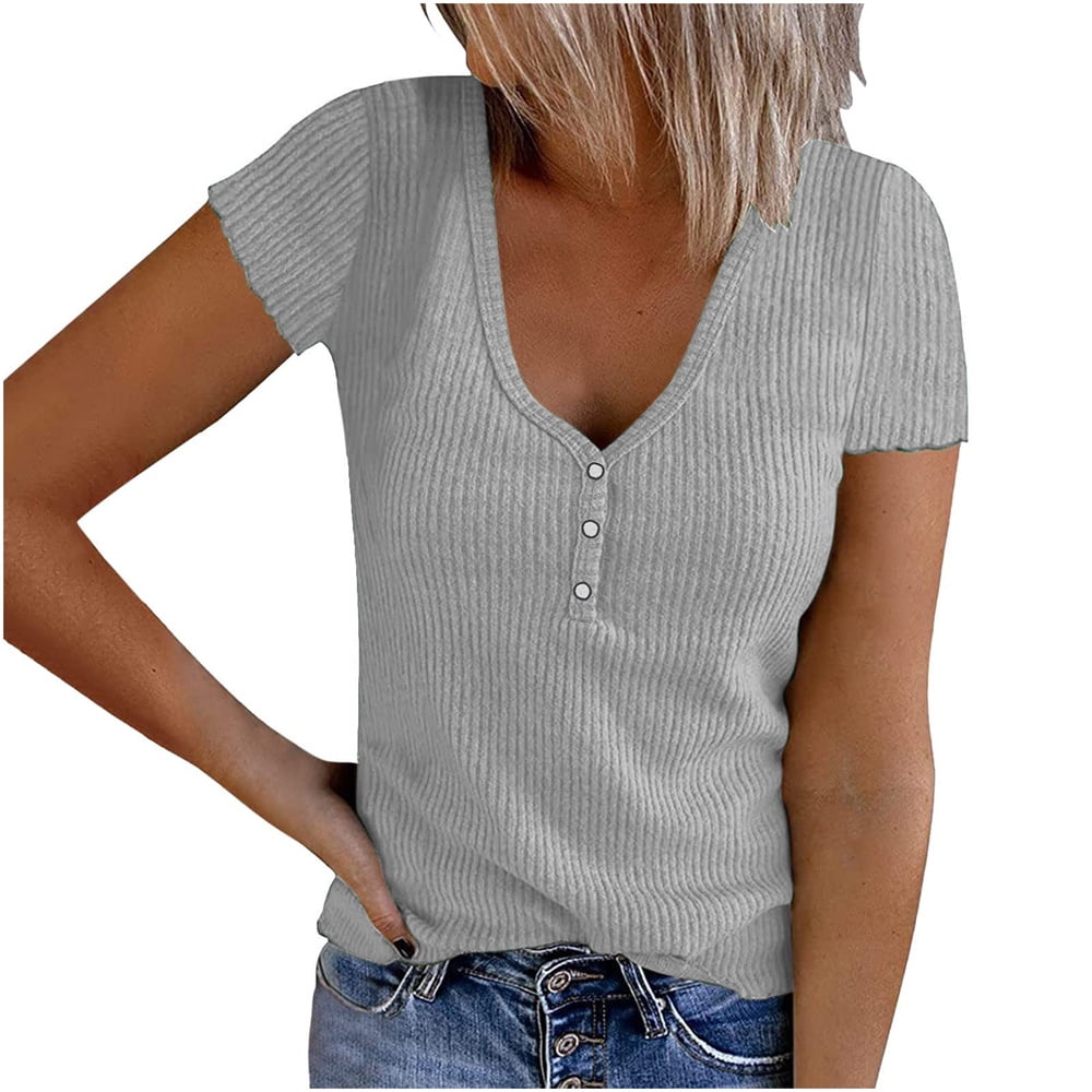 QLEICOM Womens Tops Casual V Neck Button Up Loose Waffle Knit