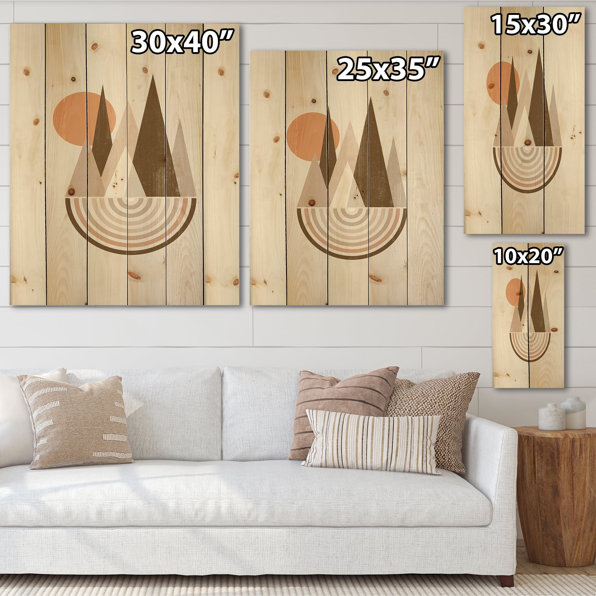 Designart 'Minimalistic Red Full moon Landscape With Mountain' Modern Print on Natural Pine Wood