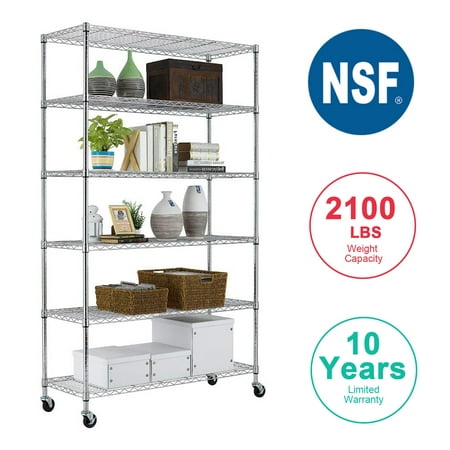 6 Tier Wire Shelving Unit Heavy Duty Height Adjustable NSF Certification Utility Rolling Steel with Wheels for Kitchen Bathroom 2100LBS...
