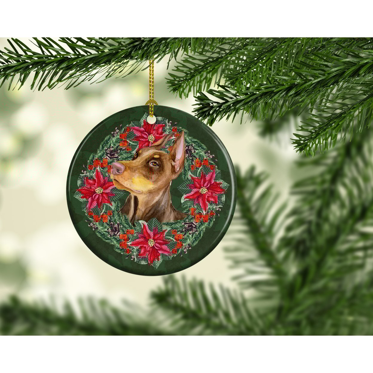 thumbnail image 2 of Doberman Pinscher Poinsetta Wreath Ceramic Ornament 2.8 in x 2.8 in, 2 of 3