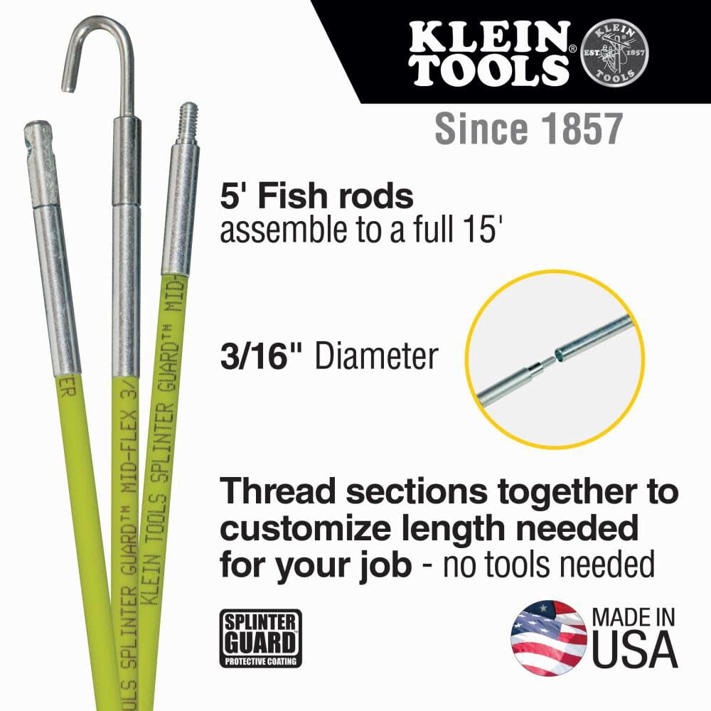 Klein Tools 50152 Mid-Flex Glow Fish Rod, 15 Foot