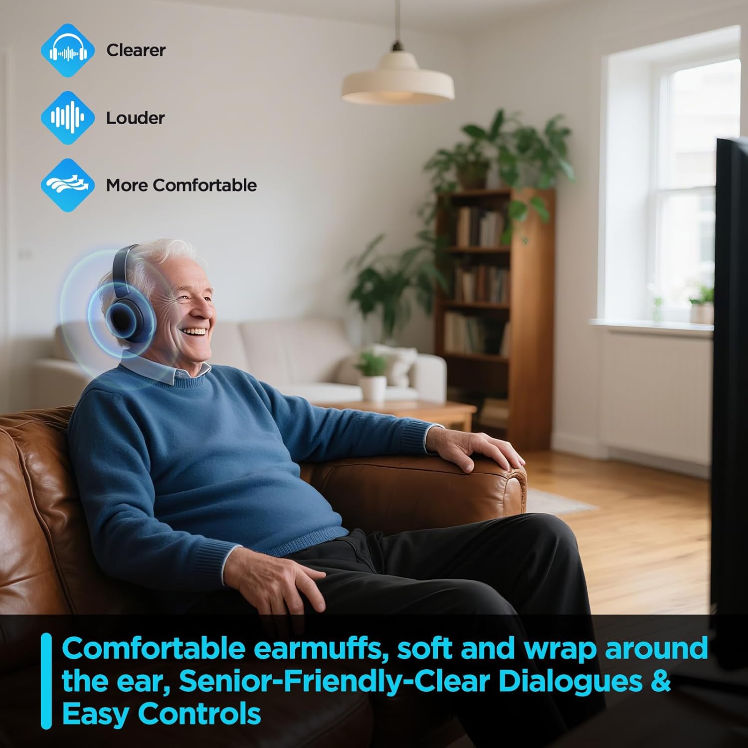 Wireless TV Headphones with 2.4G Digital RF Transmitter and Bluetooth, Wireless Over Ear Headphone with Charging Base, Support Optical/USB/RCA/BT, No Audio Delay, Compatible All TVs