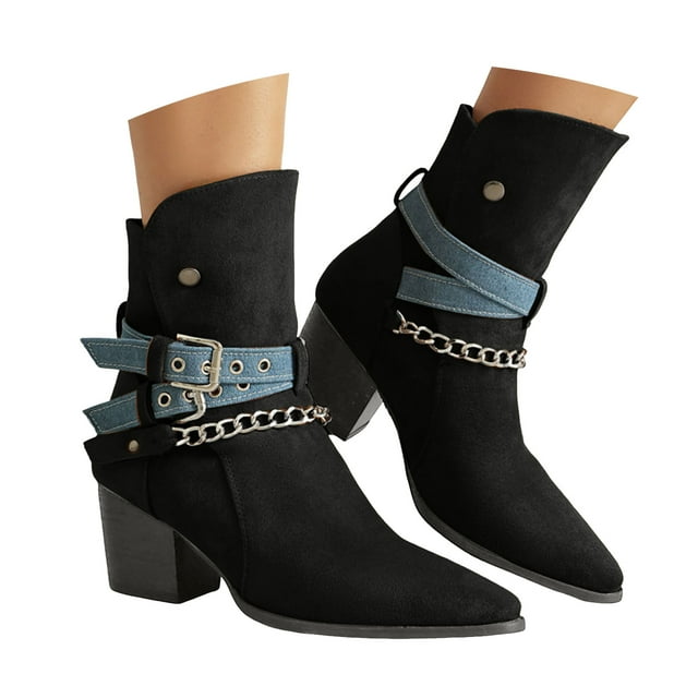 Mepaouo Women's Heeled Ankle Boots Pointed Toe Western Riding Booties Cowboy Cowgirl Buckle Short Boot