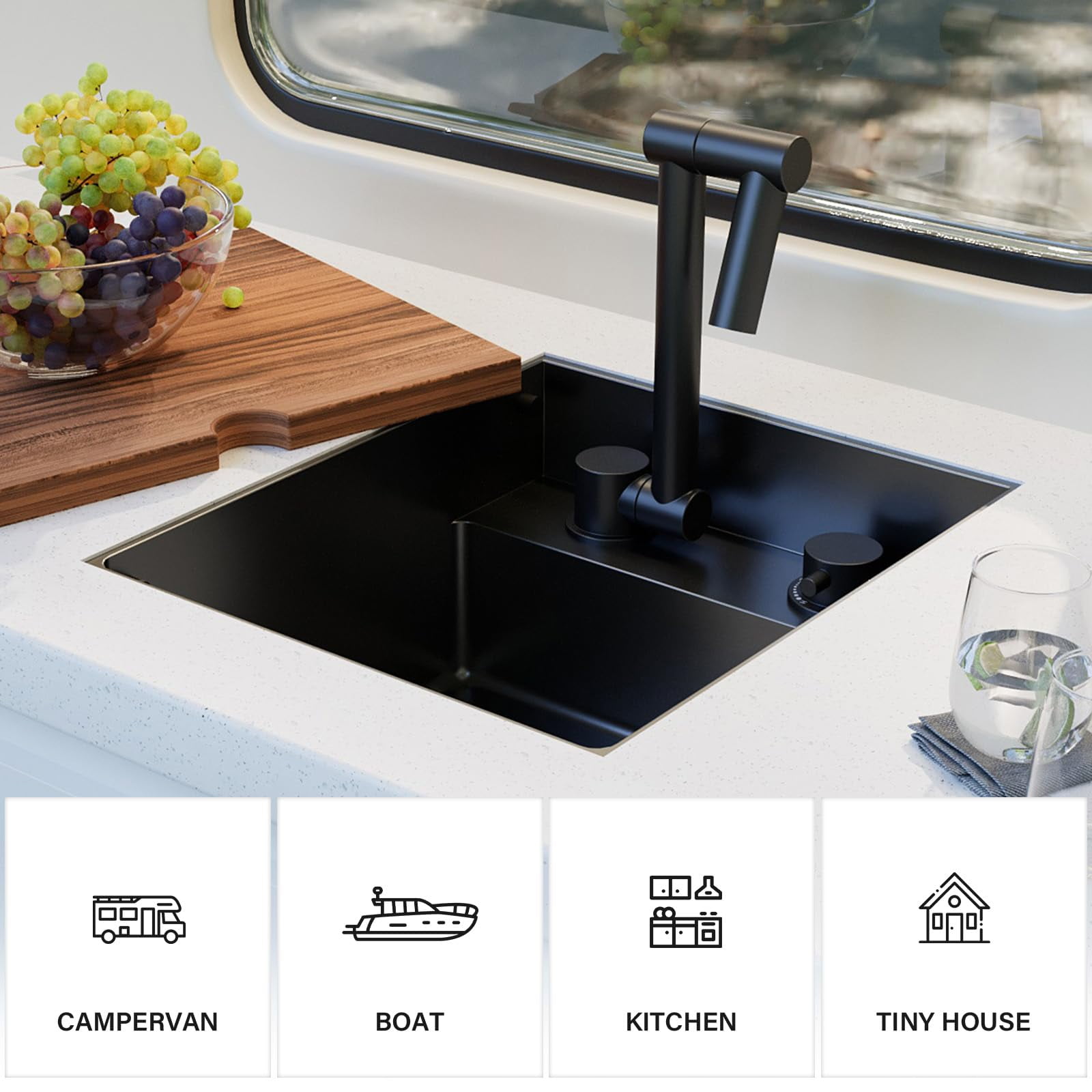 TORVA RV Kitchen Sink, 13 x 15 x 7 Inch Undermount Bar Sink 16 Gauge Stainless Steel Single Bowl Sink with Foldable Faucet Cutting Board, Dark Grey