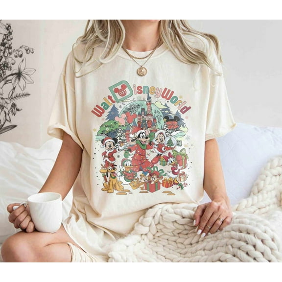 Retro Walt Disney World Christmas Family Comfort Colors T-Shirt, Mickey And Friends Christmas Matching Tee, Magic Kingdom Shirt