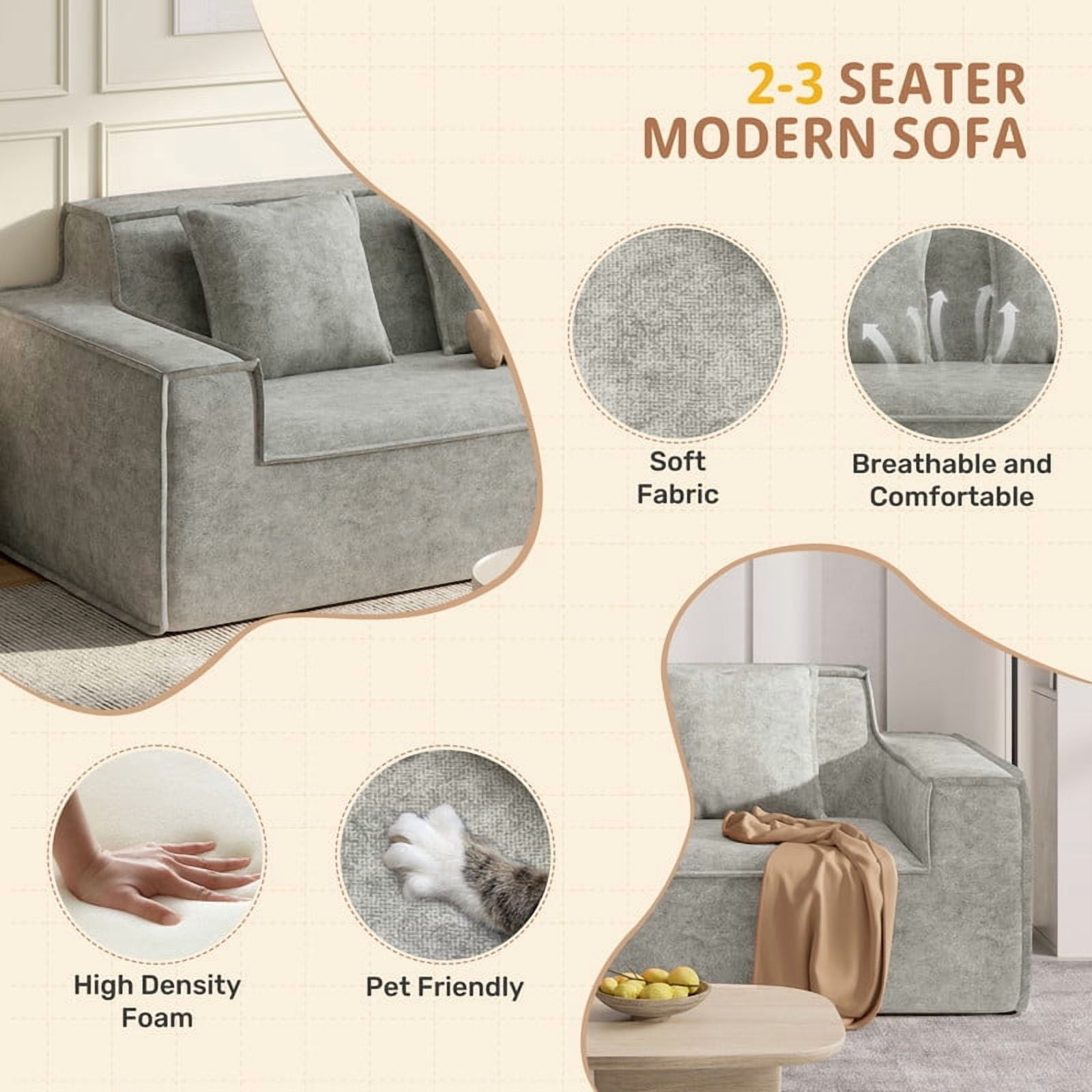 Hawsaiy 75" Pet-Friendly Cat-Scratch Fabric Loveseat Sofa with Wide Armrests & Removable Pillows, No Assembly Foam Couch, Vacuum Packed, High-Density Support, Gray