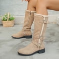 thumbnail image 5 of Women Sherpa Trim Knee High Winter Boots, Metal Buckle Side Zip Suede Tall Boots, Low Block Heel Warm Lined Long Boots Khaki 9.5(43), 5 of 6