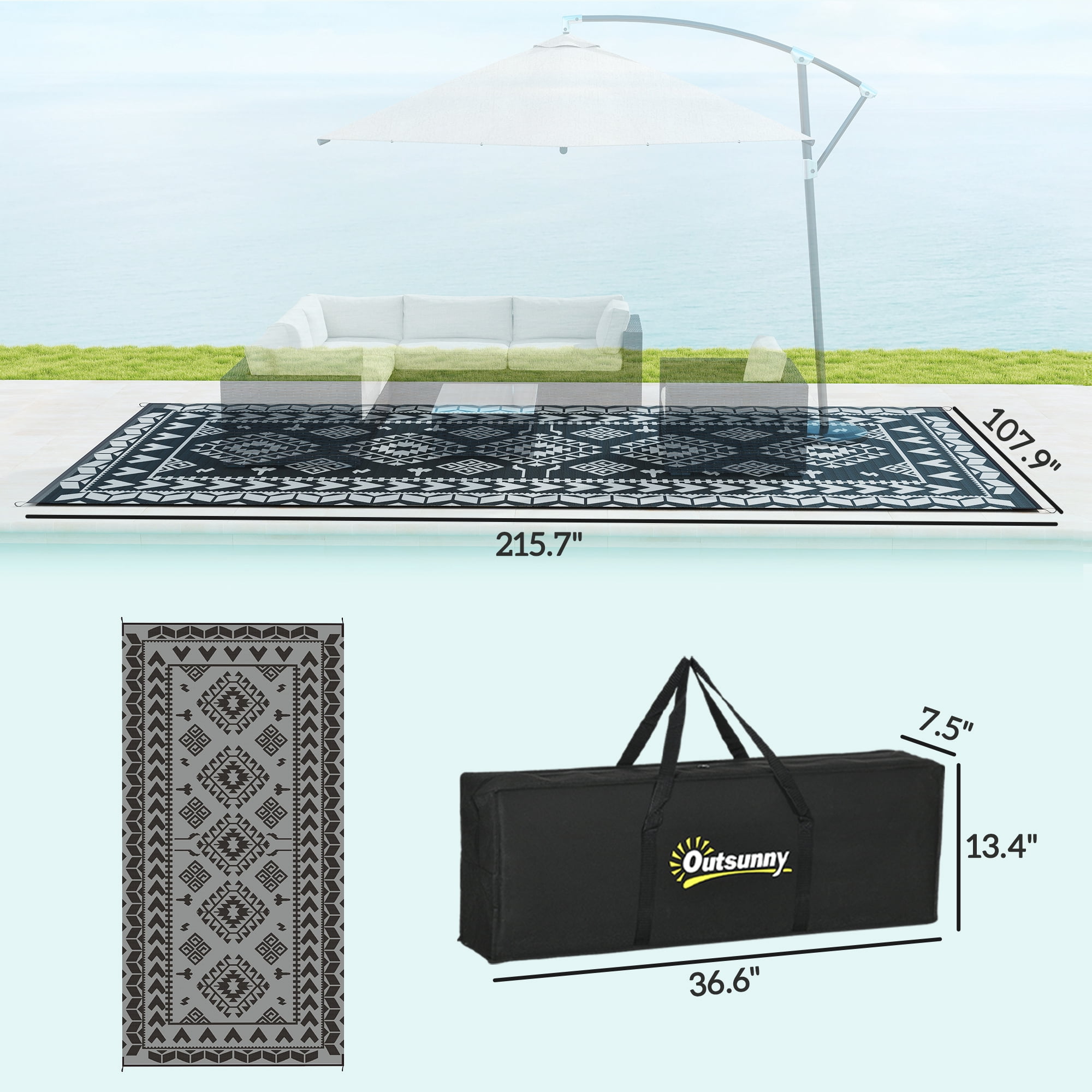 Outsunny Outdoor Patio Rug, Large Camping Carpet with Carrying Bag, 9' x 18' Waterproof Plastic Straw, Reversible, Black & Gray Rhombus Patchwork