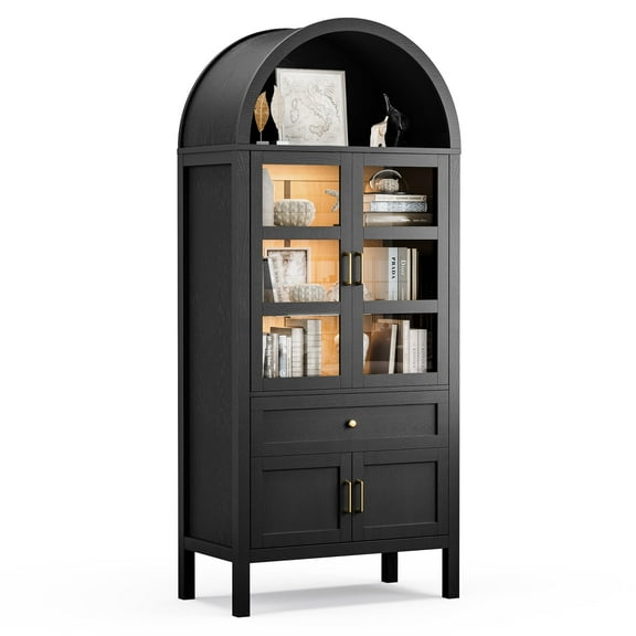 Raffle Pinker 71" Tall Arched Pantry Cabinets Storage Cabinet with Glass Doors,LED Lights,Adjustable Shelves for Living Room Kitchen,Black