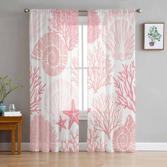 Coastal Pink Semi Sheer Curtains 84 Inch Length 2 Panels Set, Ocean Coral Starfish Shell Modern Sea Sheer Kitchen Curtain Privacy Voile Window Curtain for Living Room Bedroom Rod Pocket Drapes