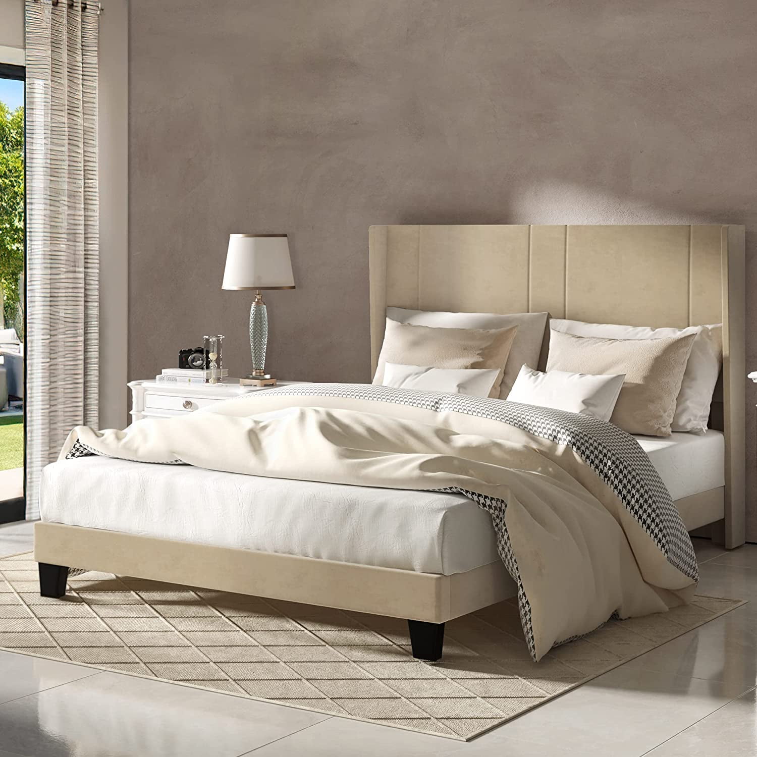Dextrus Upholstered Bed Frame with Beige Velvet Headboard and Wingback, No Box Spring Needed, Beige