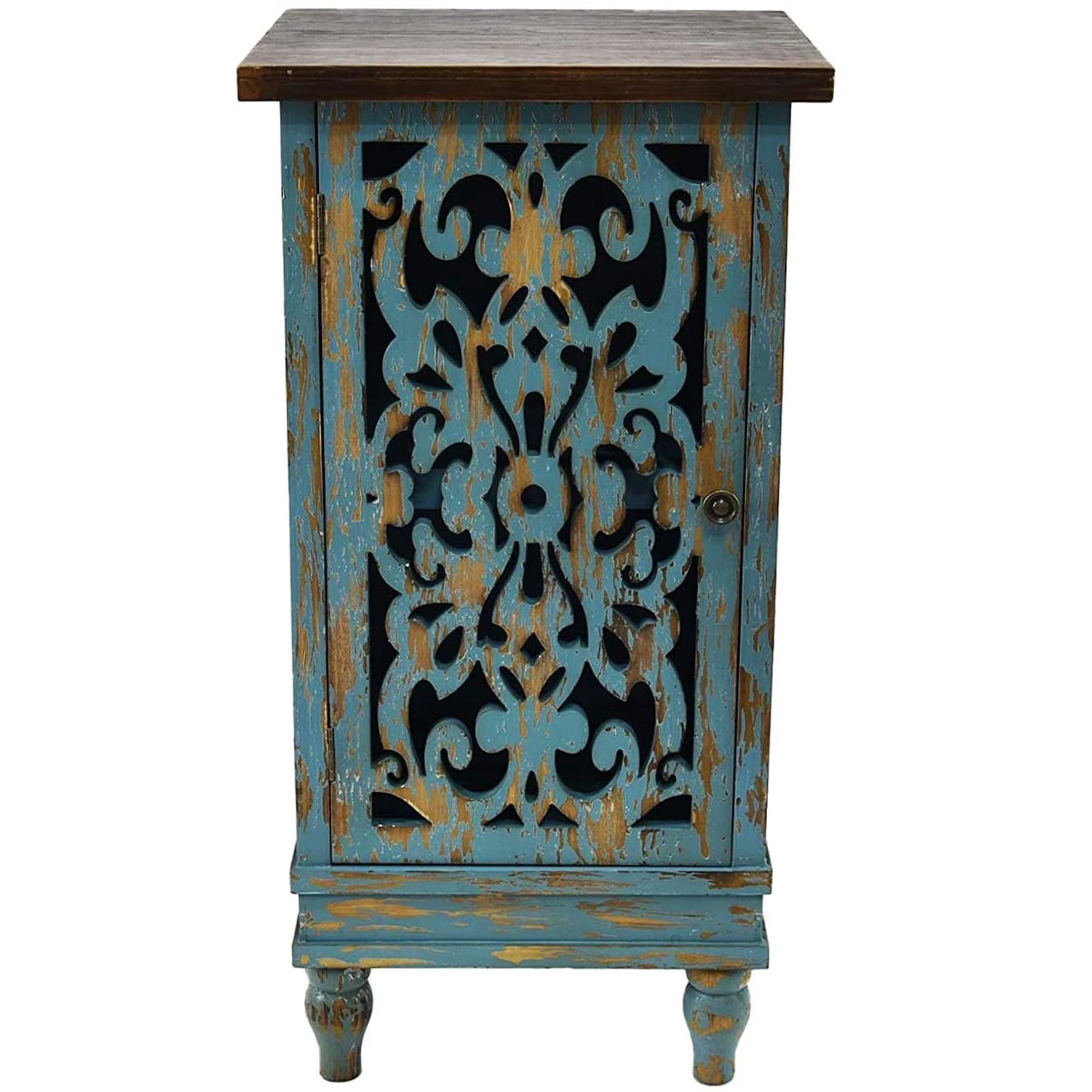 eHemco Wooden Rustic Dual Storage Shelf Rectangle End Table with Carved Legs for Living Room, Teal
