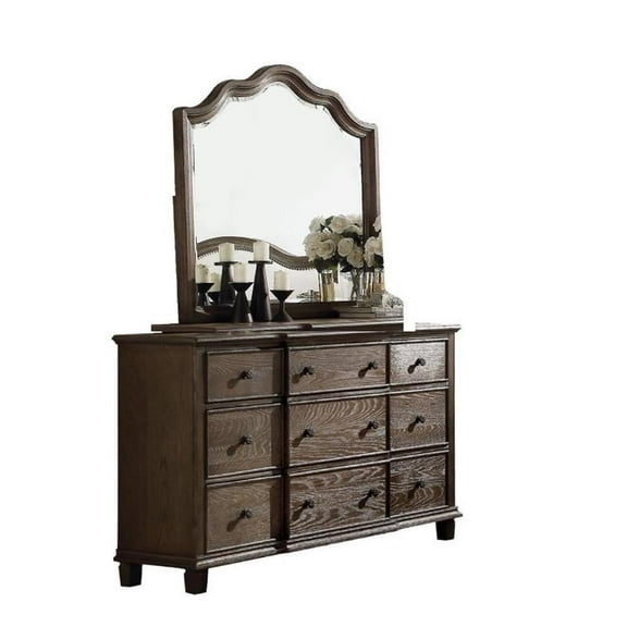 Home Square 2-Piece Set with Mirror and 9-Drawer Dresser in Weathered Oak