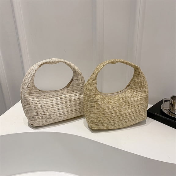 Woven Polyester Handbag Striped Shoulder Bag | Hand Woven Tote Bag • Lightweight Foldable • Fits Phone Wallet Keys • White Khaki • 26.5x25x9.5 cm
