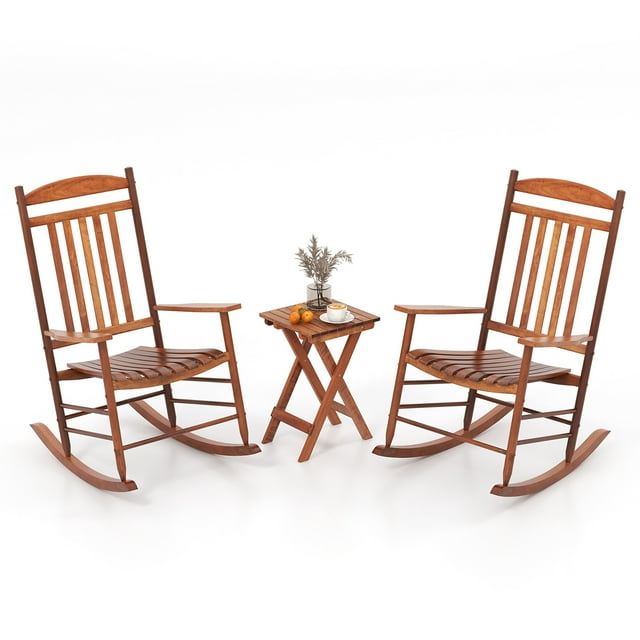 Gymax 3PCS Patio Poplar Wood Rocking Bistro Set Outdoor Furniture Set for Garden