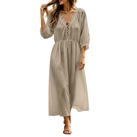 CHGBMOK Plus Size 3/4 Sleeve Dresses for Women Ruffle Casual V Neck Flowy Maxi Dress Loose Fit Fall Dress