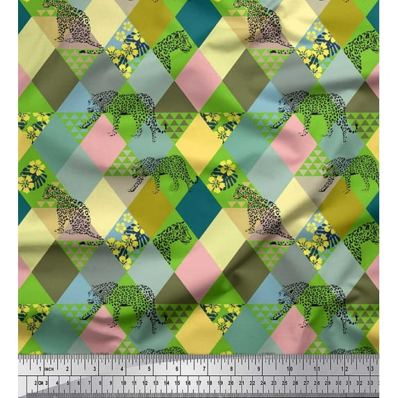 Soimoi Cotton Duck Fabric Leopard & Argyle Patchwork Print Fabric by The Yard 56 Inch Wide