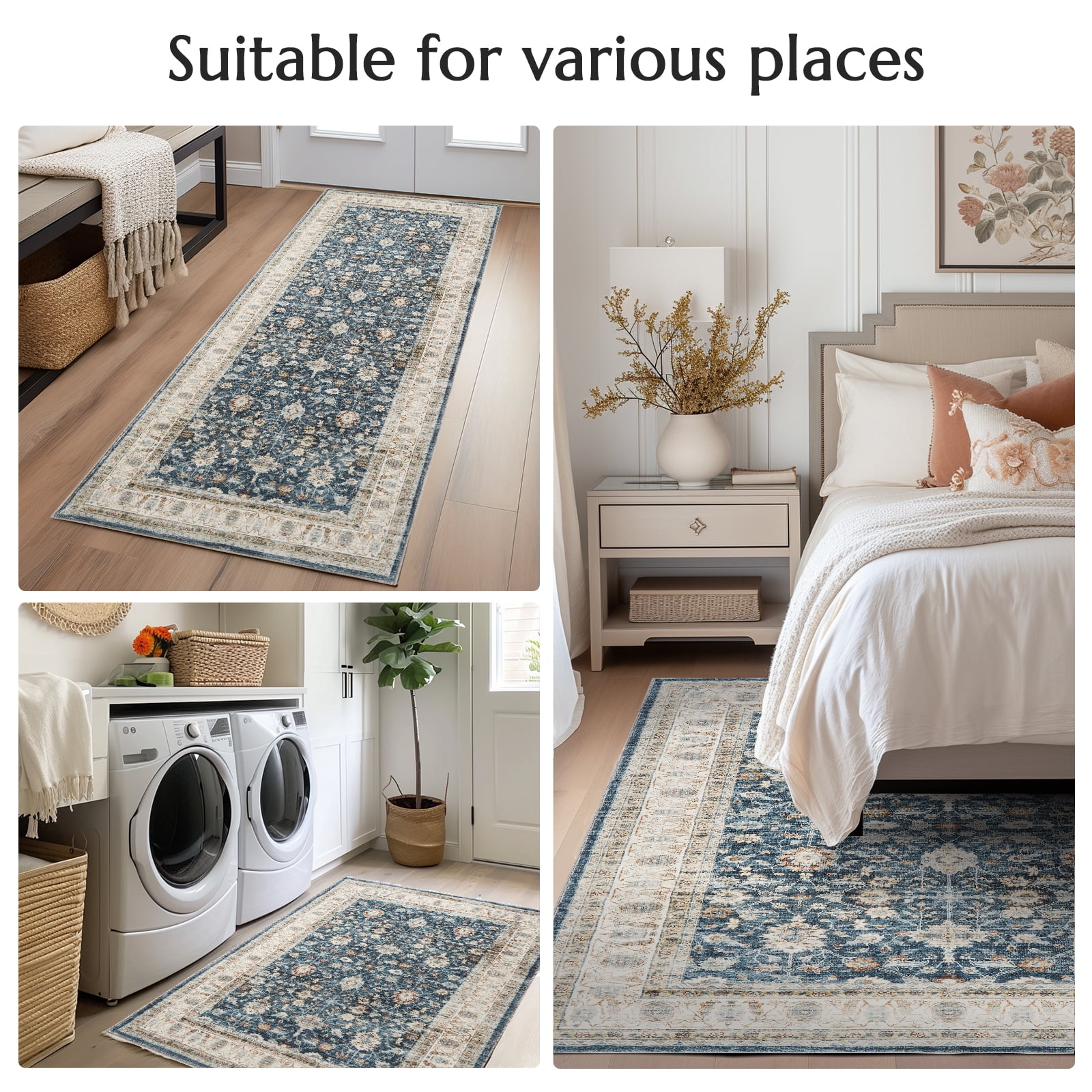 RUGKING Thin Vintage Large Area Rug Washable Rug 8'x10' Area Rugs for Bedroom Non Slip Backing Rug, Blue