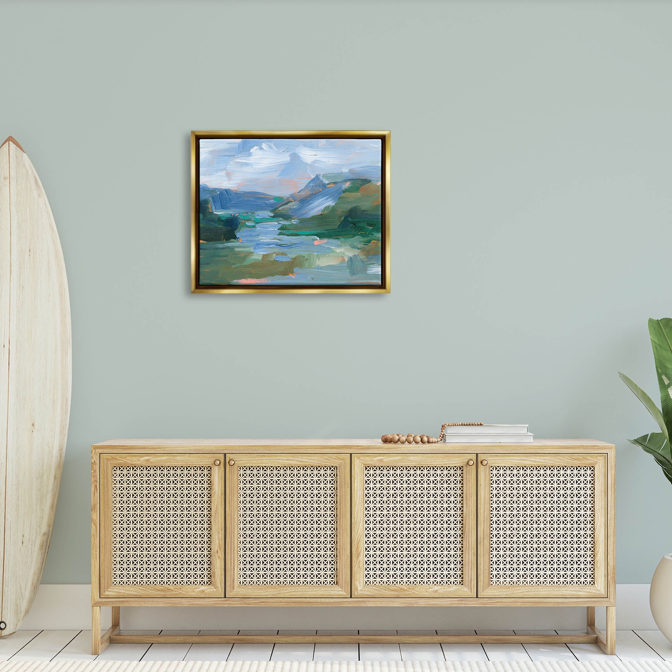 River Through Mountains Abstract Scene Landscape Painting Metallic Gold Framed Art Print Wall Art