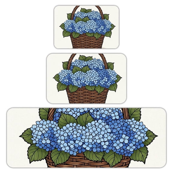 RKSupls Kitchen Rug Set 3 Piece Anti-Slip Flannel Floor Mats, Blue Hydrangea Washable Absorbent Runner Mats for Kitchen Bathroom Home Decor