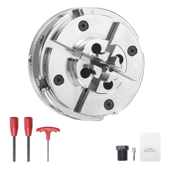 KFFKFF 4in Wood Lathe Chuck, 4-Jaw, Self-Centering Wood Turning Chuck Set with 1" x 8TPI Thread & Adapter, Nickel-Plated Steel, Durable Construction, Inside Clamping & Outside Support