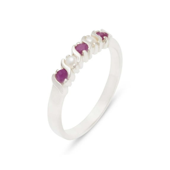 LBG British Made 14k White Gold Natural Ruby & Cultured Pearl Womens Eternity Ring - 33 size options - Sizes 4 to 12 Available