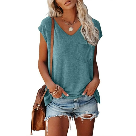 Blue Women's Short Sleeve T-shirt, Short Sleeves V Neck Plain Color Soft Loose Fitting Summer T Shirts Women,Women's Short sleeve T-shirt M