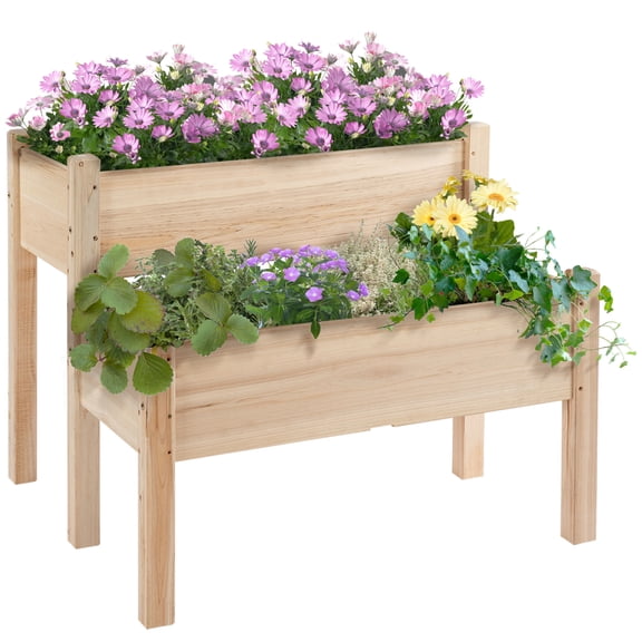34" x 34" 2-Tier Wooden Raised Garden Bed, Elevated Planter Box for Vegetables, Herbs & Flowers - Natural Fir Wood with Drainage Holes