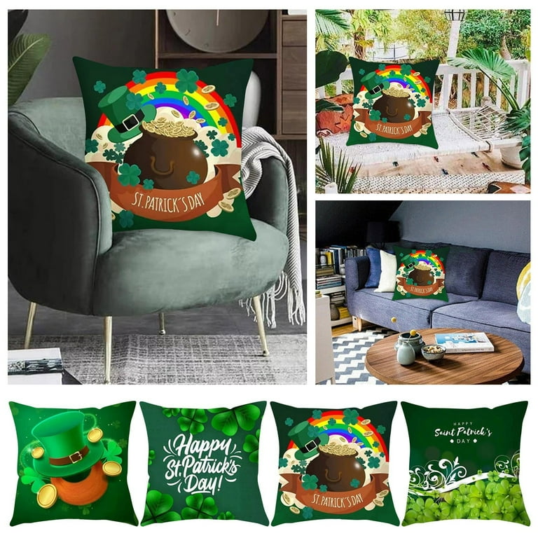 St Patrick's Day Pillow Covers Set Of 2 - 18x18 Inch Green Pink Floral Clover Print, Cotton Linen, Farmhouse Holiday Decor For Couch & Bed