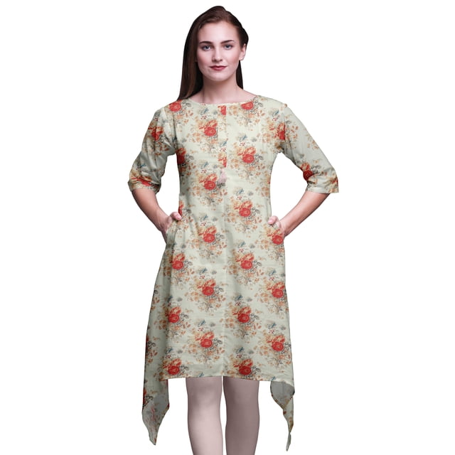 Bimba Hauts Imprimés Feuilles Roses & Floraux pour Femmes Kurti Asymétrique Robe d'Été pour Filles XSmall