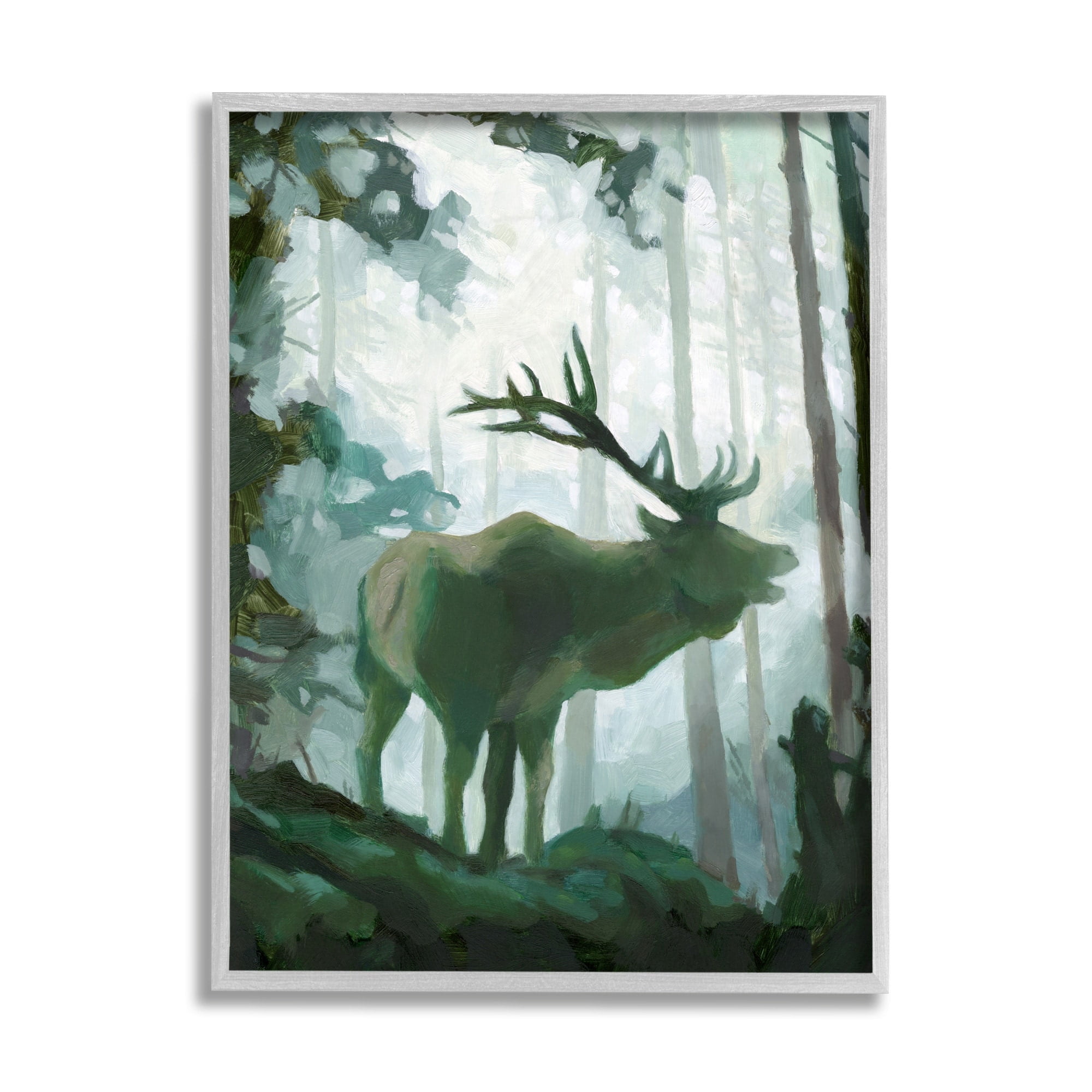 Stupell Industries Elk Wilderness Silhouette Deep Green Forest Animal Grey Framed, 16 x 20, Design by Jacob Green