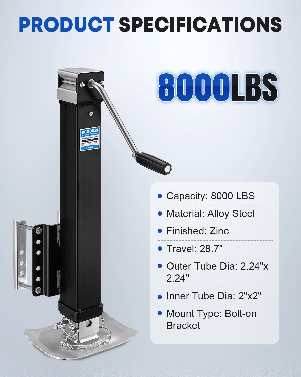 Kohree 8000lbs Heavy Duty Trailer Jack, 28.7" Vertical Travel, Adjustable Drop Leg & Ergonomic Handle for Large RV,Utility Trailers, Yacht Trailers, Boat Trailer