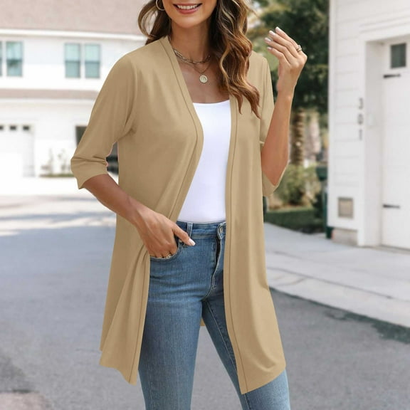 Wowcloth Womens 2025 Summer Lightweight Cardigan 3/4 Length Sleeve Open Front Casual Loose Shirts Top Beach Cover Ups