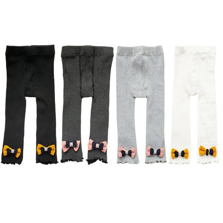 

4 Pack Baby Girs Footless Tights Cable Knitted Leggings Ankle Length Pants Ruffle Bow Cotton Bottom Pants for Toddlers 6M-4T