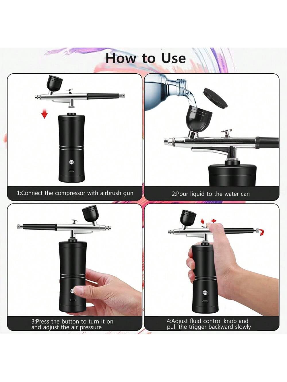 Professional Cordless Airbrush Kit USB Rechargeable Portable Lightweight For Painting Makeup Haircuts Nail Art More With Cleaning Brushes Tools