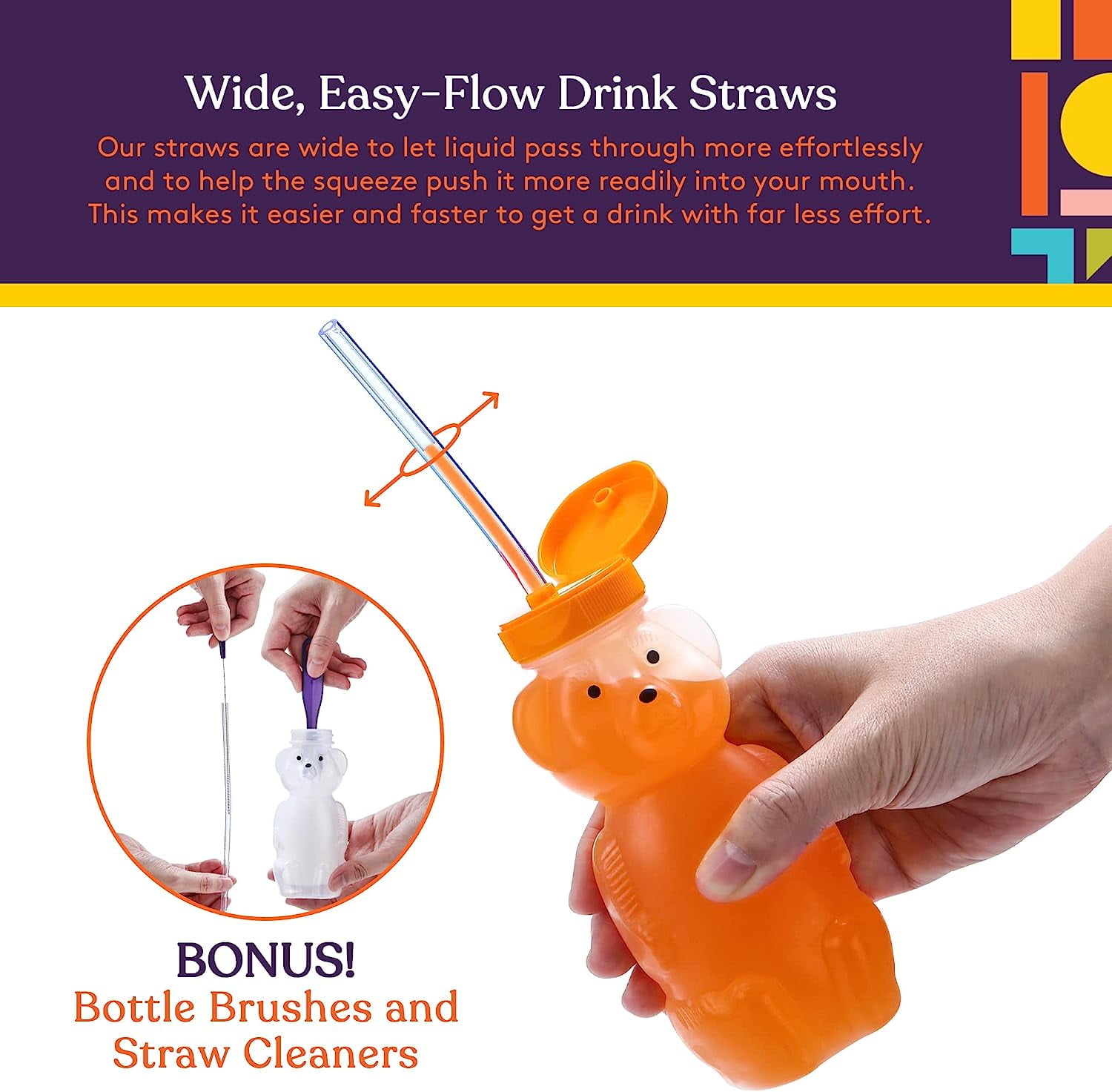 Special Supplies Honey Bear Straw Cup for Babies — Spill-Proof Juice Bottle,  Flexible Reusable Straws — Special Needs Assistive Cup, Pack of 6 Bottle