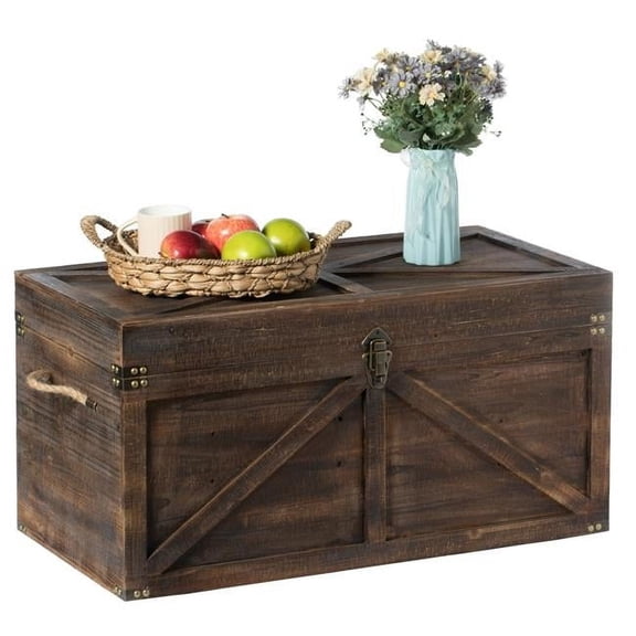 Wooden Lockable Trunk Farmhouse Style Rustic Design Lined Storage Chest with Rope Handles, Brown - Large