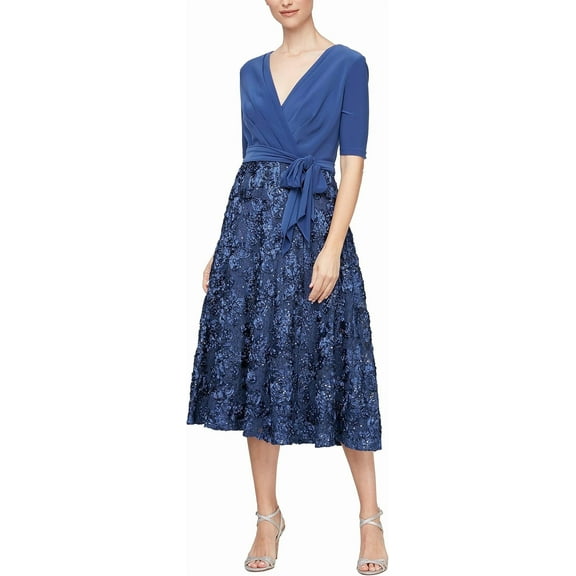 Alex Evenings Wrap A-line Short Sleeve Tea Length Jersey & Lace Dress, Women's
