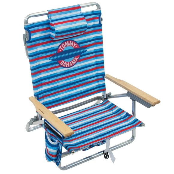 Tommy Bahama Silla de playa tipo mochila plegable clásica de 5 posiciones, aluminio, rayas rojas, blancas y azules