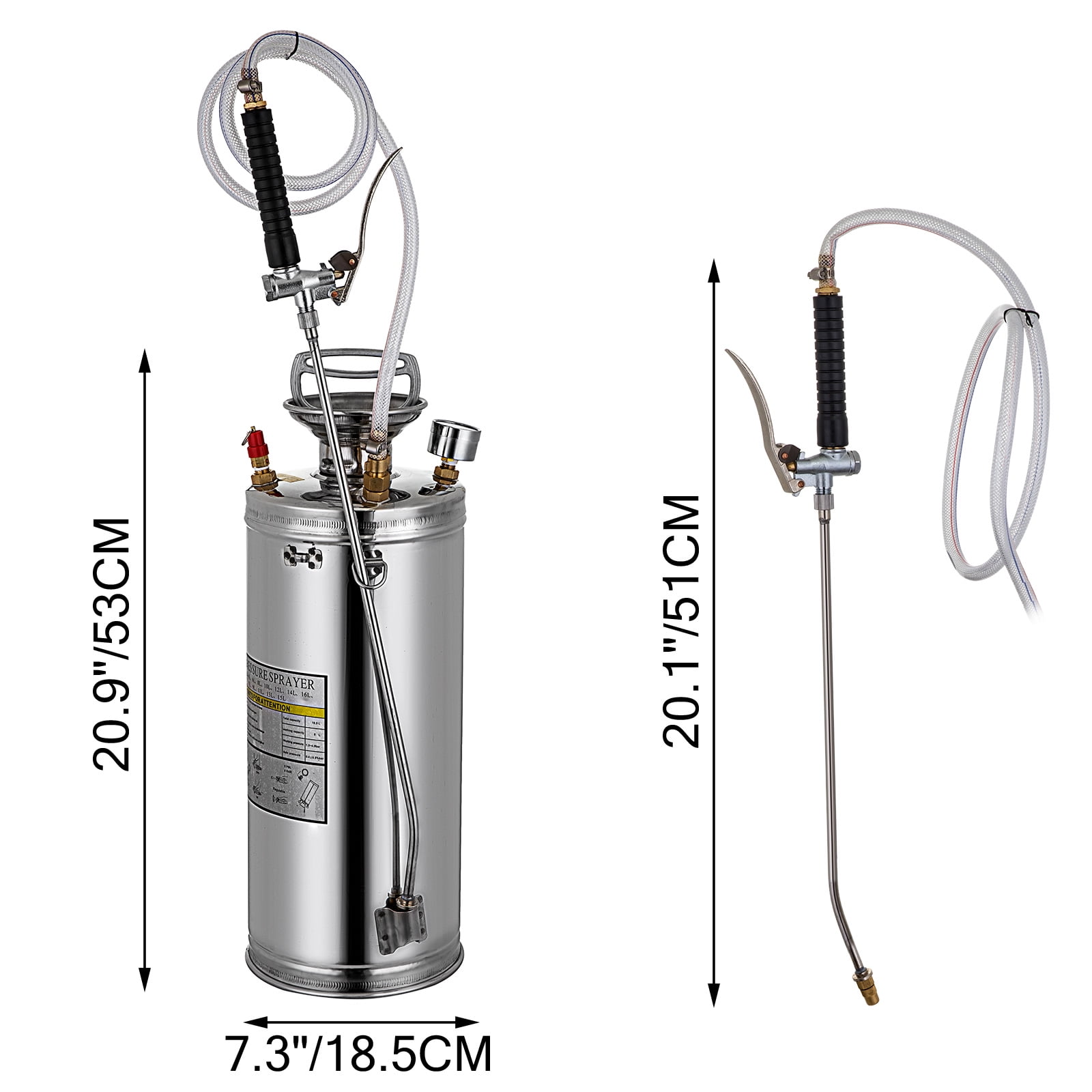 VEVOR 2Gal Stainless Steel Sprayer, Set with 20’’ Wand& Handle& 3.3’’ Reinforced Hose, Hand Pump Sprayer with Pressure Gauge&Safety Valve, Adjustable Nozzle Suitable for Gardening and Sanitizing