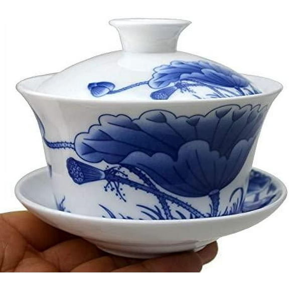 Porcelain Gaiwan 9oz Teacup Blue White Glazed Tureen Cups Chinese Sancai Cover Bowl Lip Cup Saucer Gongfu Tea Set Kits (lotus)