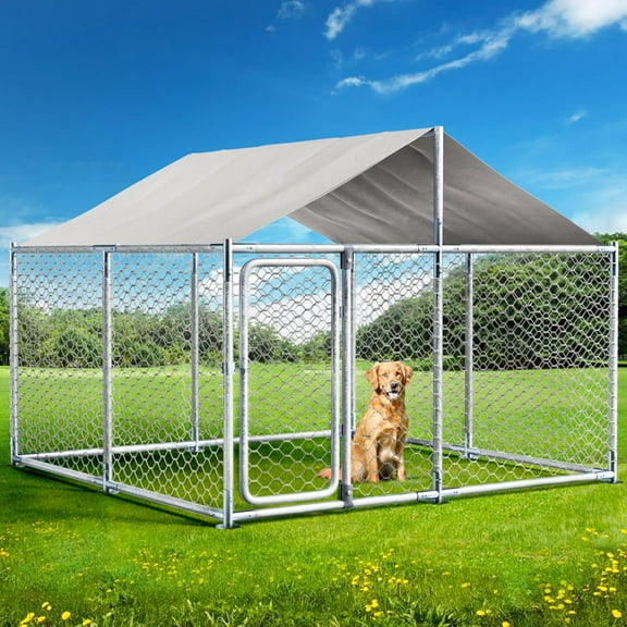 7.5×7.5×5.25FT Large Outdoor Dog Kennel with Waterproof UV-Resistant Cover, Upgraded Large Dog House Pen Enclosure with Secure Lock, Heavy Duty Chain Link Dog Kennel for Outside Backyard