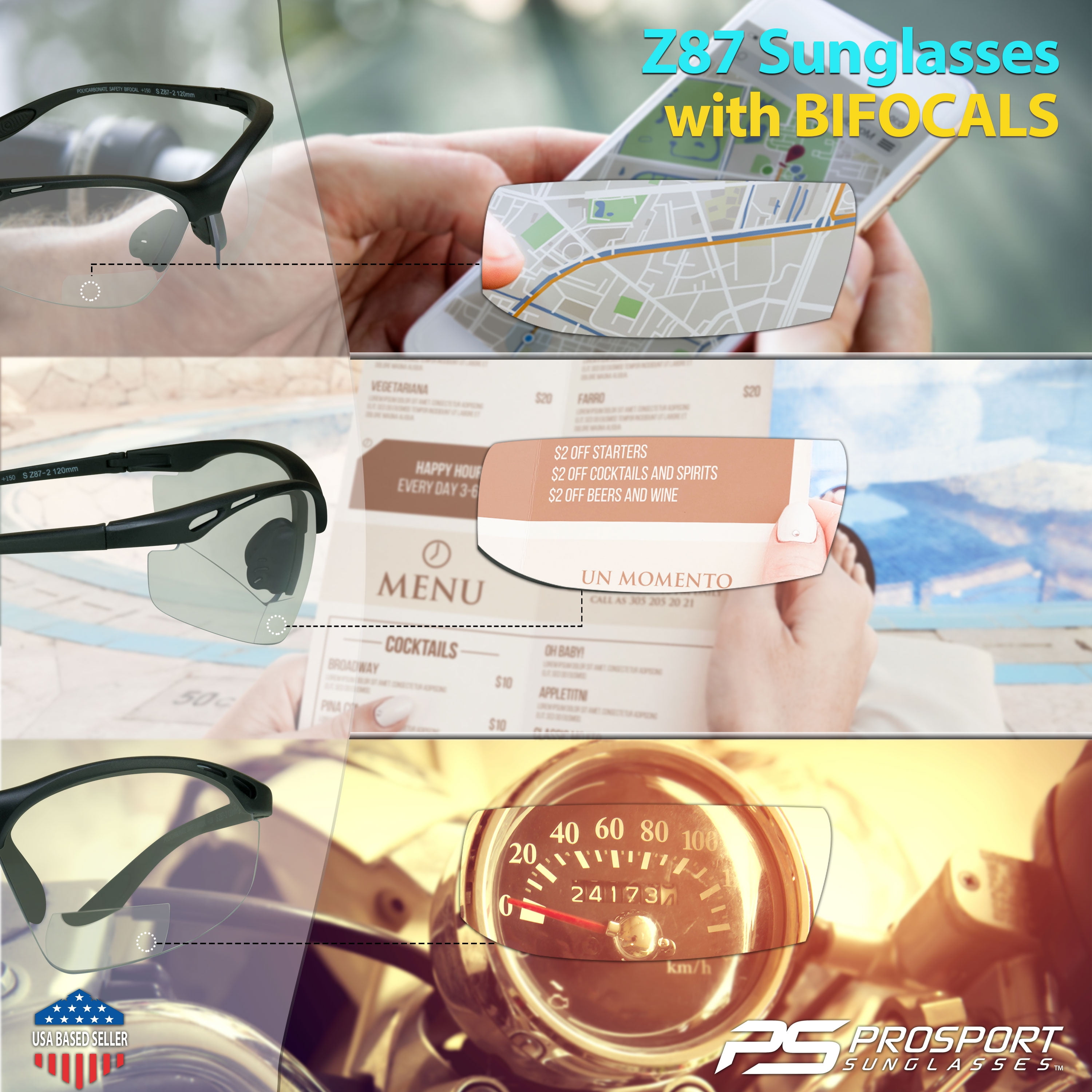 proSPORT Bifocal sunglass Safety Reader Z87 Wrap Around No Slip Grip
