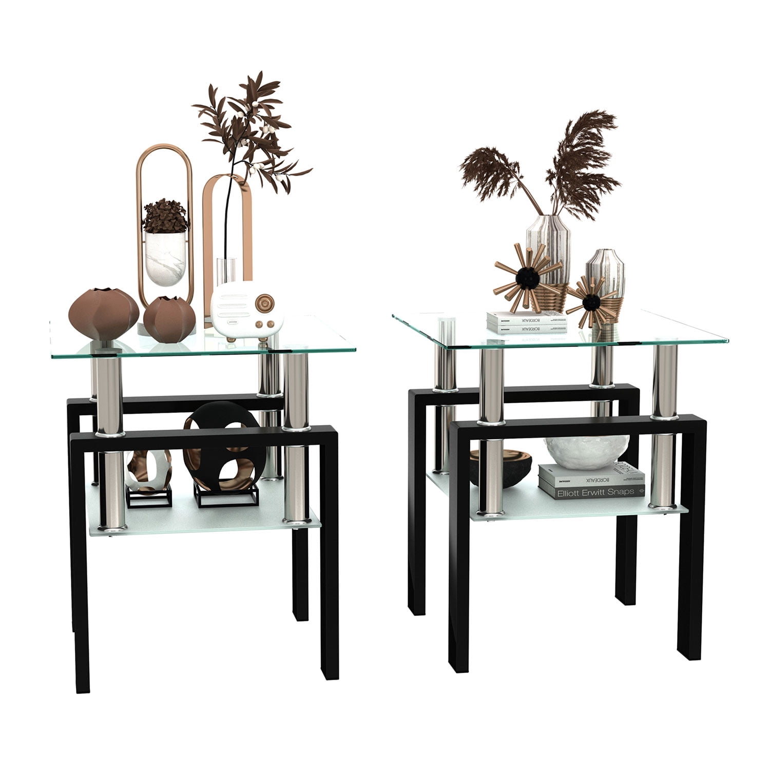 Royard Oaktree End Table Set of 2, Modern Square Tempered Glass Side Table with Shelf for Bedroom