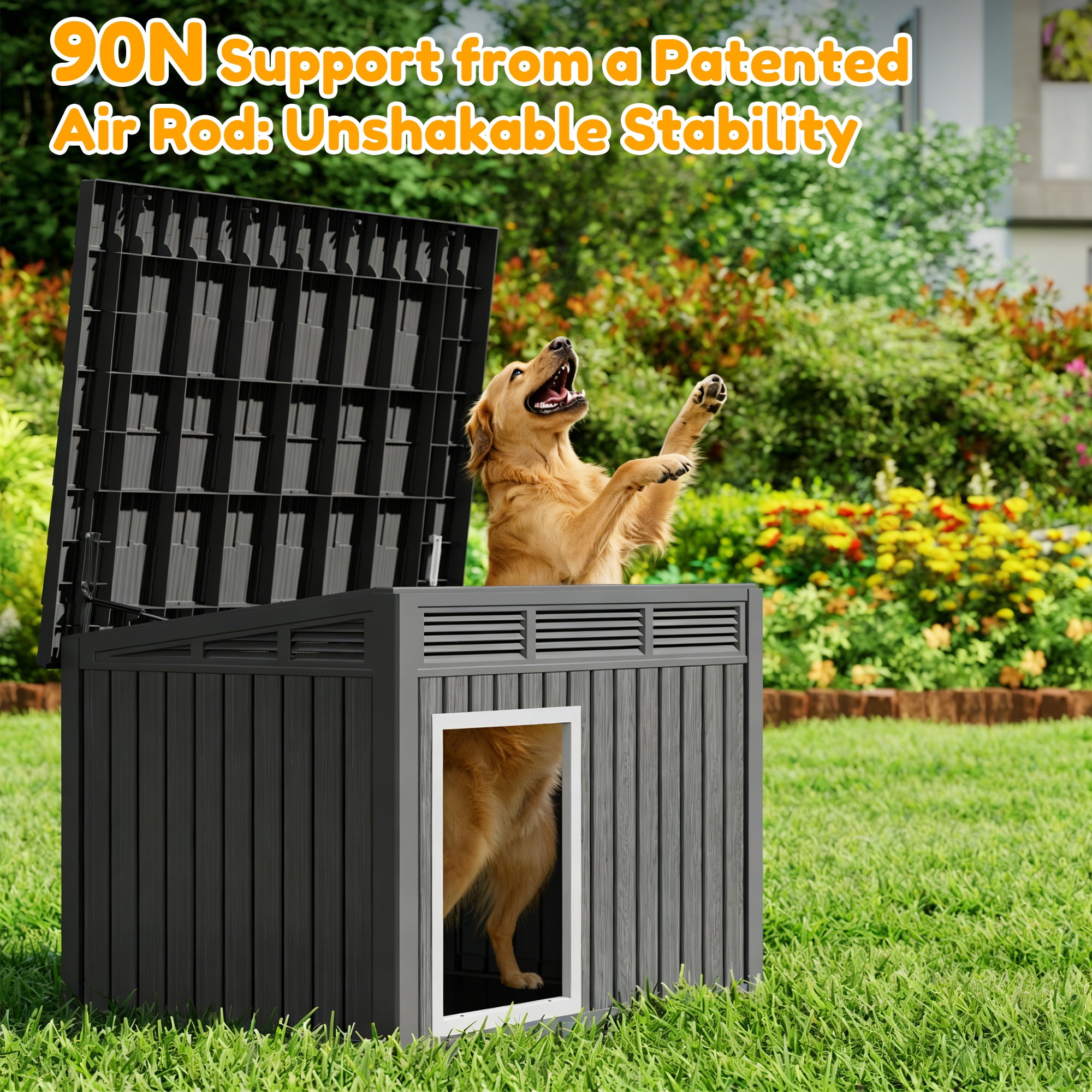 Nihsuao Waterproof Dog House for Medium to Large Dogs, Indoor Outdoor PP Kennel with Ventilated Design & Removable Roof, Easy to Clean, Black, 42.2"L x 30"W x 31"H
